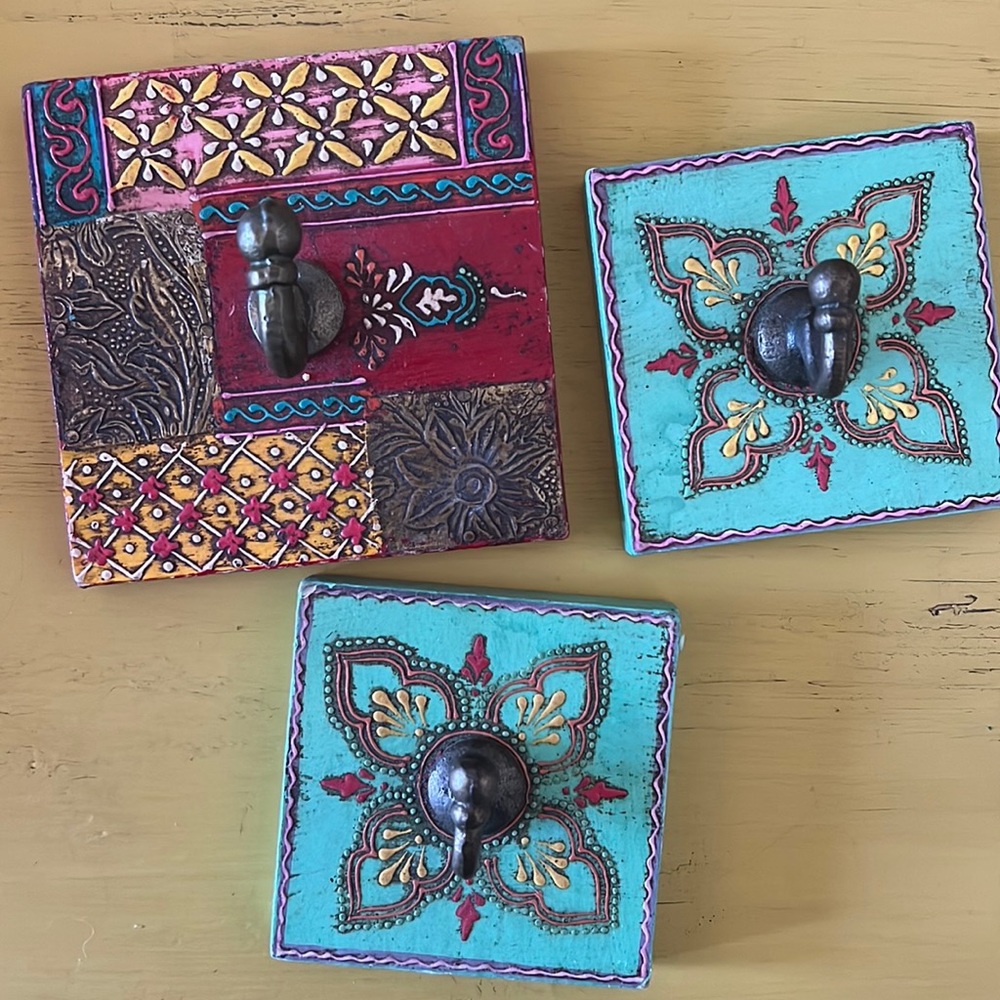 Set of 3 Boho Wall Hooks -World Market Decor Wood Hand Painted & Metal